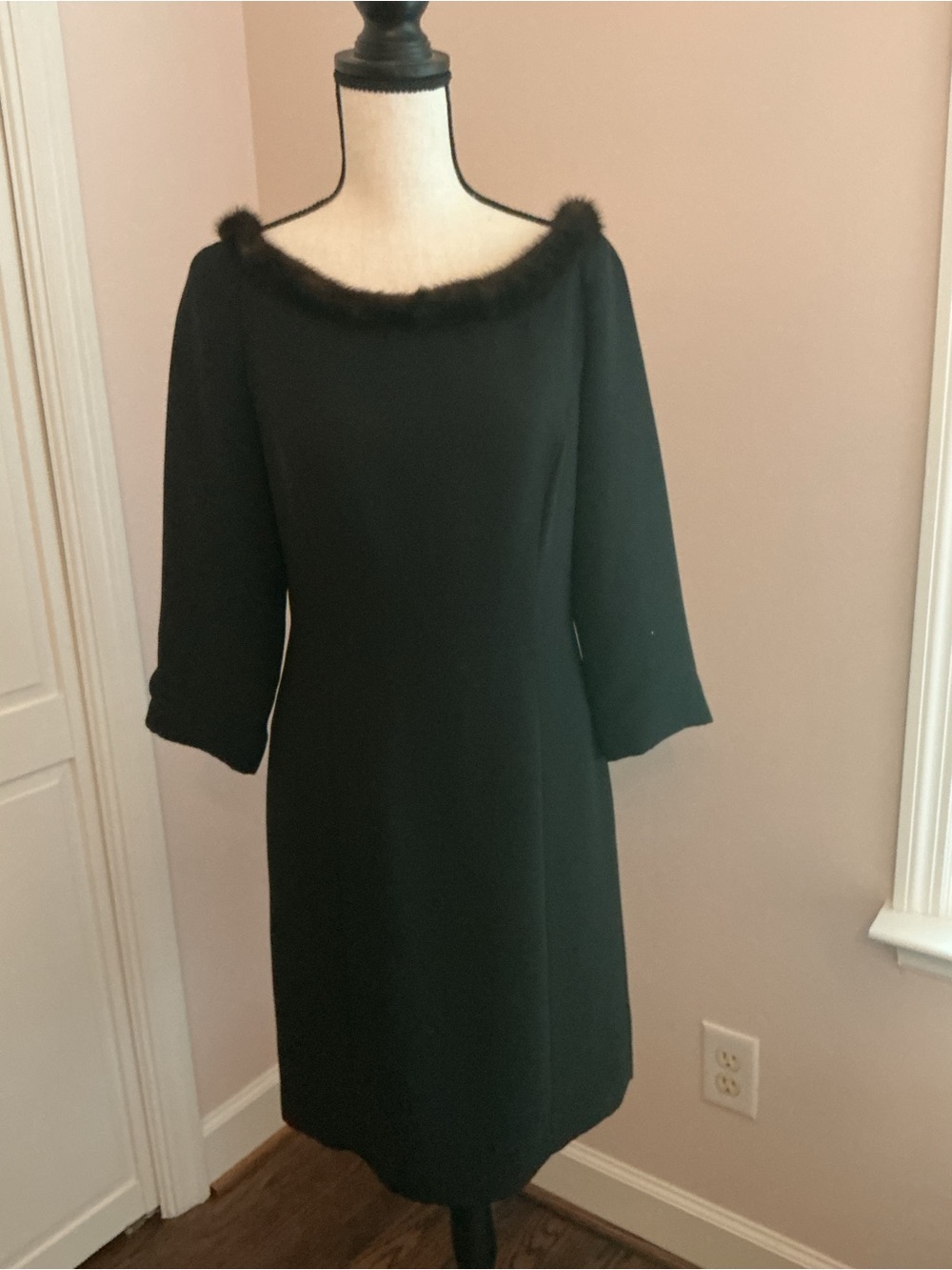 Neiman Marcus Black Long Sleeve Dress with Fur Trim